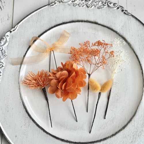 ヘアアクセサリー【オレンジ×ホワイト×リボン(6本)】ヘッドドレス