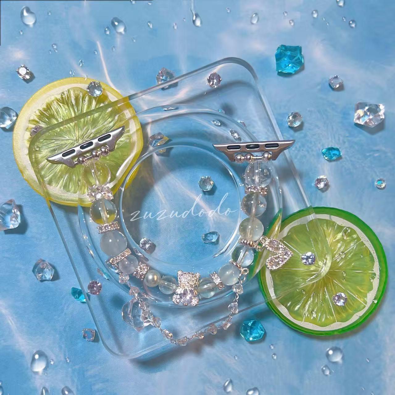 天然石アップルウォッチバンド  アクアマリン×レモンクォーツ×ベアモチーフ｜Lemonade Bear