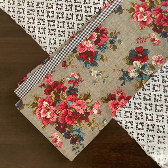 クロスステッチ風花柄　半幅帯　カーキグレー／千鳥 7枚目の画像