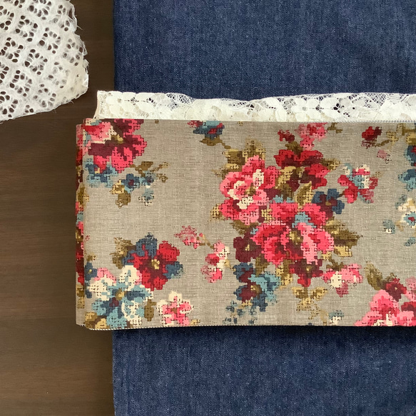 クロスステッチ風花柄　半幅帯　カーキグレー／千鳥 1枚目の画像