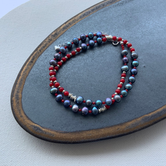 レッドコーラル×淡水パール×カレンシルバー　40cmネックレス 2枚目の画像