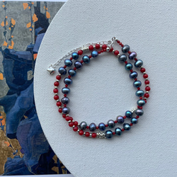 レッドコーラル×淡水パール×カレンシルバー　40cmネックレス 4枚目の画像