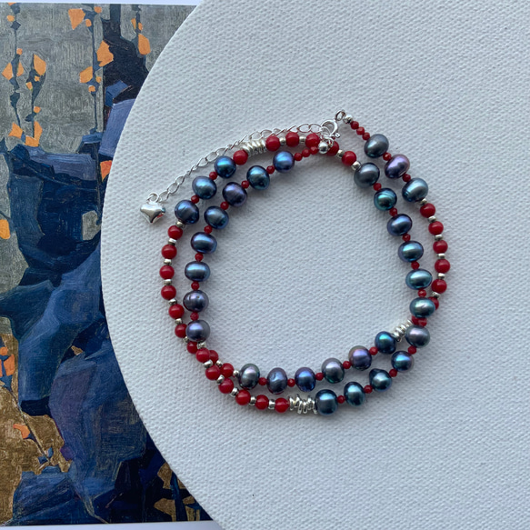 レッドコーラル×淡水パール×カレンシルバー　40cmネックレス 4枚目の画像