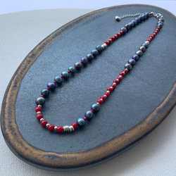 レッドコーラル×淡水パール×カレンシルバー　40cmネックレス 3枚目の画像