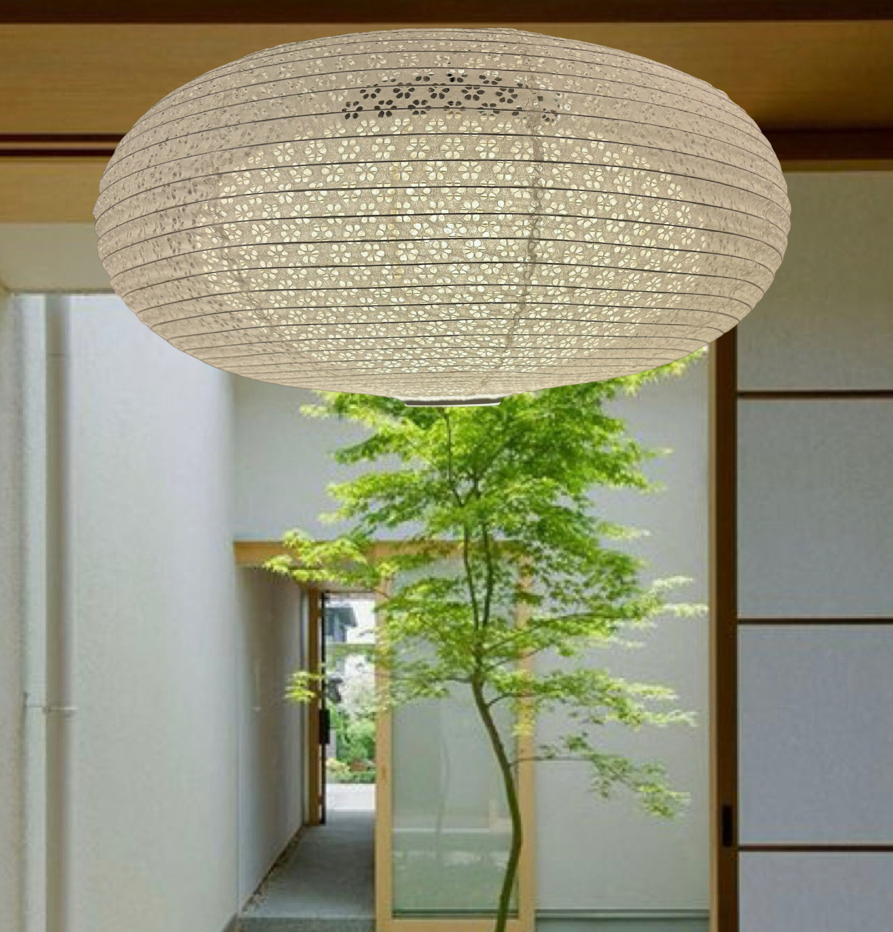 岐阜落水和紙二重提灯照明ペンダント1灯灯具付き径59㎝高さ30㎝