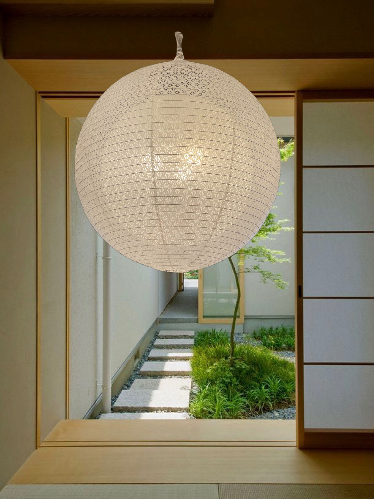 岐阜産二重落水和紙提灯径60㎝丸ペンダント3灯具付き シーリングライト