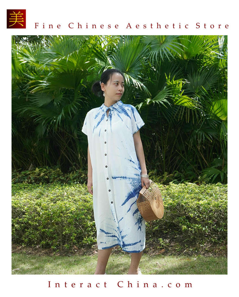 タイ手工製藍染め綿ワンピース 旅行リゾートカジュアル着用 ニッチロングドレス天然藍染め 夏用ゆったりタイ手工製#101