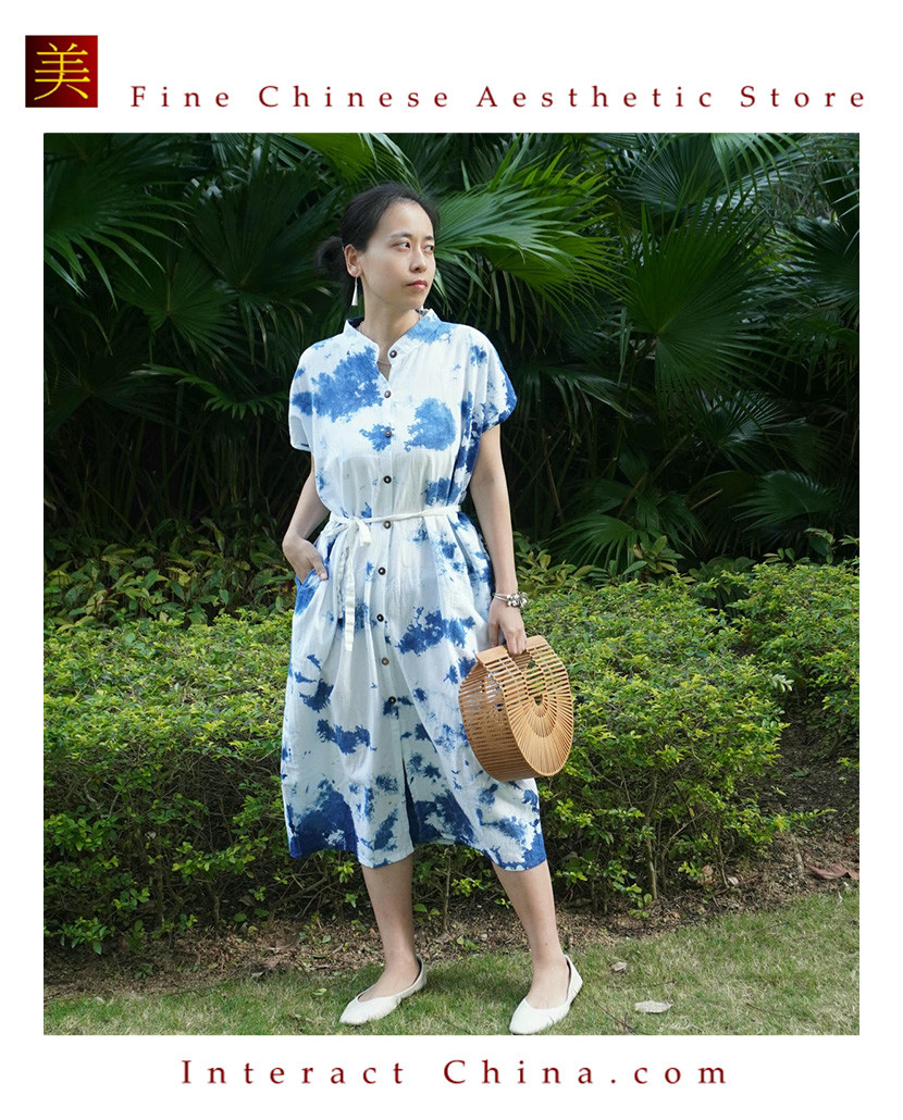 タイ手工製藍染め綿ワンピース 旅行リゾートカジュアル着用 ニッチロングドレス天然藍染め 夏用ゆったりタイ手工製#104