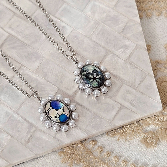 天然貝 螺鈿アート ★ オーバル ネックレス （ 60cm+5cm アジャスター付 )｜ Ayuプロデュース ペンダント 6枚目の画像