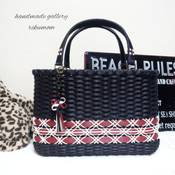 再)クラフトバンド＊かごバッグショルダーM/ブルー×ブラック かご