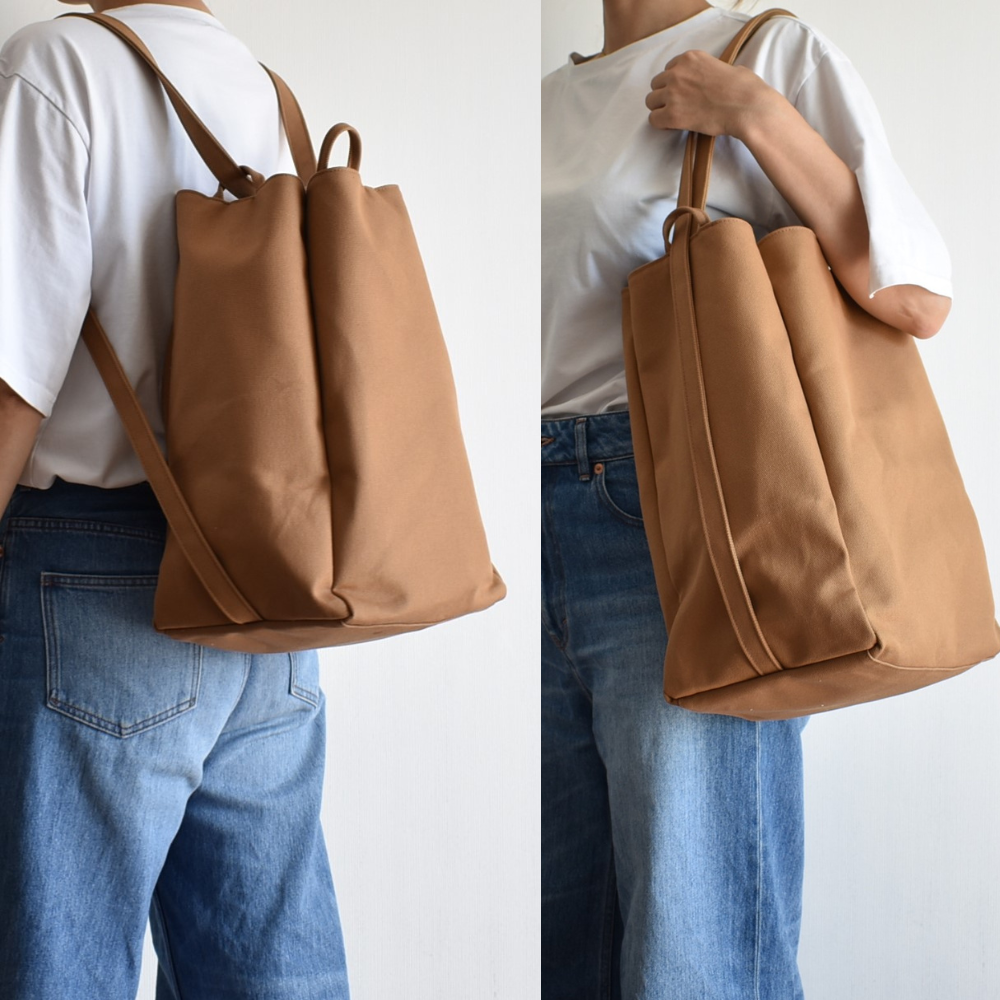 VERTICAL2 TOTE BAG (モカ/ベージュ)2WAY リュック 帆布 トートバッグ ポケット4つ 縦型