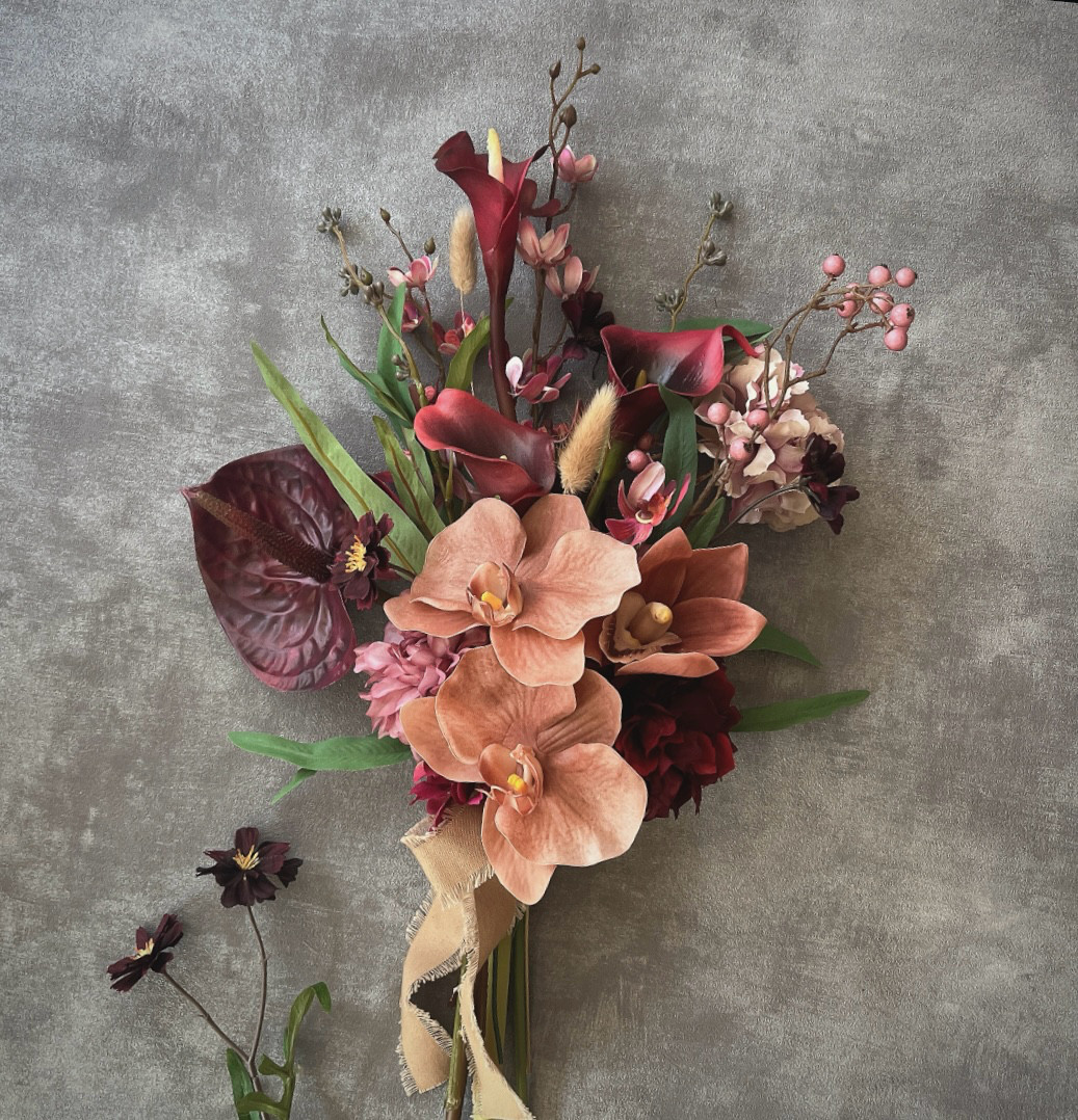 wineカラー＆アンスリウムの胡蝶蘭ブーケ　◻︎アーティフィシャルフラワー◻︎ウェディングブーケ　和装ブーケ