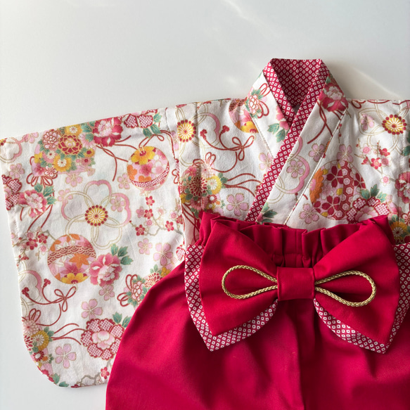 ベビー袴【即納】完成品 70~80/女の子 和柄 赤 6枚目の画像