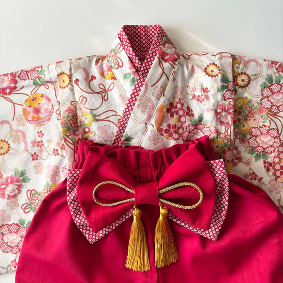 ベビー袴【即納】完成品 70~80/女の子 和柄 赤 4枚目の画像