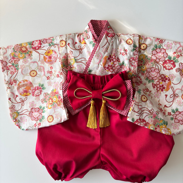 ベビー袴【即納】完成品 70~80/女の子 和柄 赤 2枚目の画像