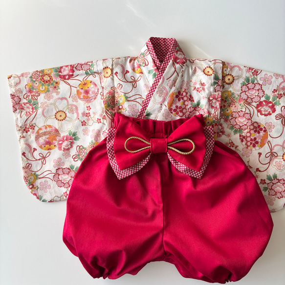 ベビー袴【即納】完成品 70~80/女の子 和柄 赤 5枚目の画像