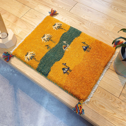 ペルシャ ギャッベ 玄関マット 楕円形 83Φ55cm ベージュ 手織り絨毯