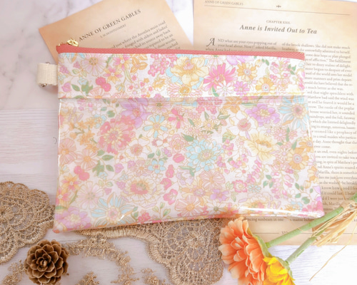 ふんわり花柄♡透け感が可愛いクリアポーチ ピンク 小銭入れ・コイン