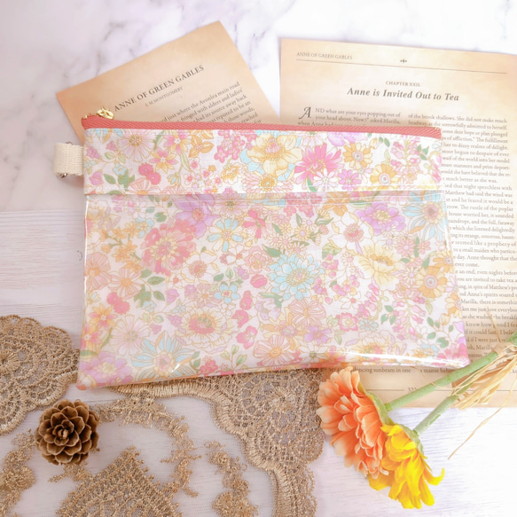 ふんわり花柄♡透け感が可愛いクリアポーチ ピンク 小銭入れ・コイン