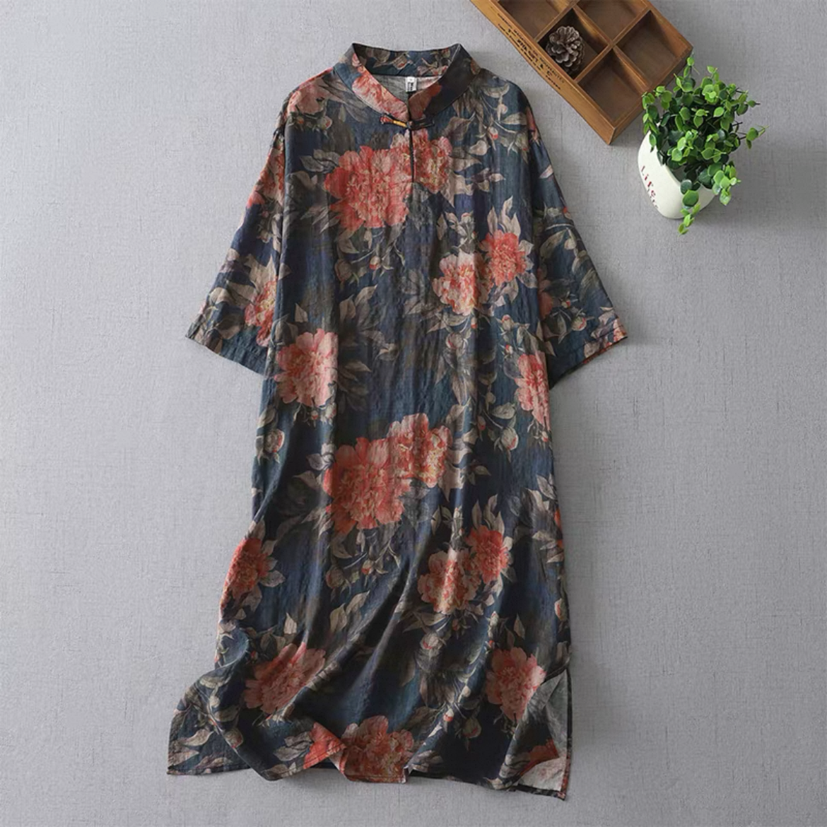 7分袖ワンピース 綿麻ワンピース 花柄ワンピース レディースワンピース 秋ワンピース  防寒対策
