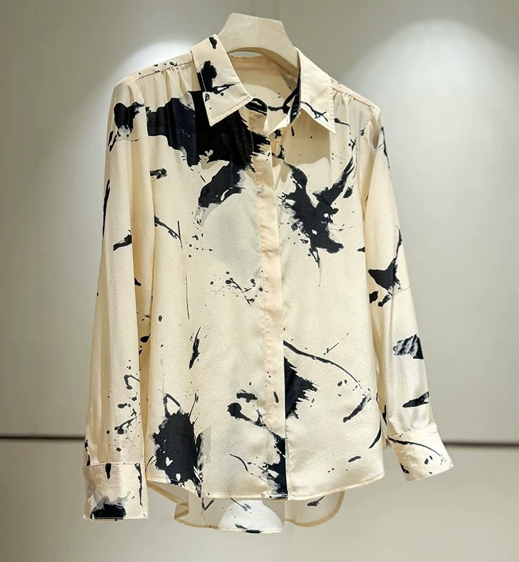 【ジョゼットシルク100%】水墨画テイストプリント柄　長袖ブラウス【秋春夏】