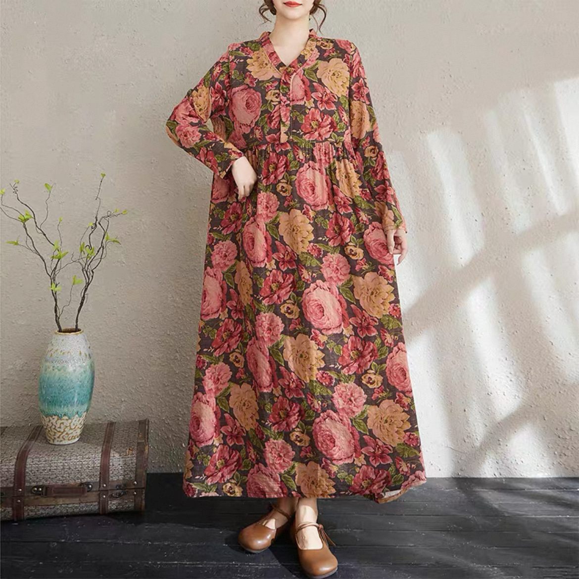 長袖ワンピース 綿麻ワンピース 無地ワンピース レディースワンピース 秋ワンピース  防寒対策