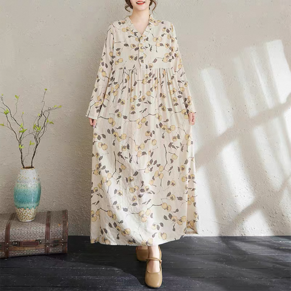 花柄 長袖ワンピース 綿麻ワンピース レディースワンピース 秋ワンピース ゆったりワンピース 大人カジュアル