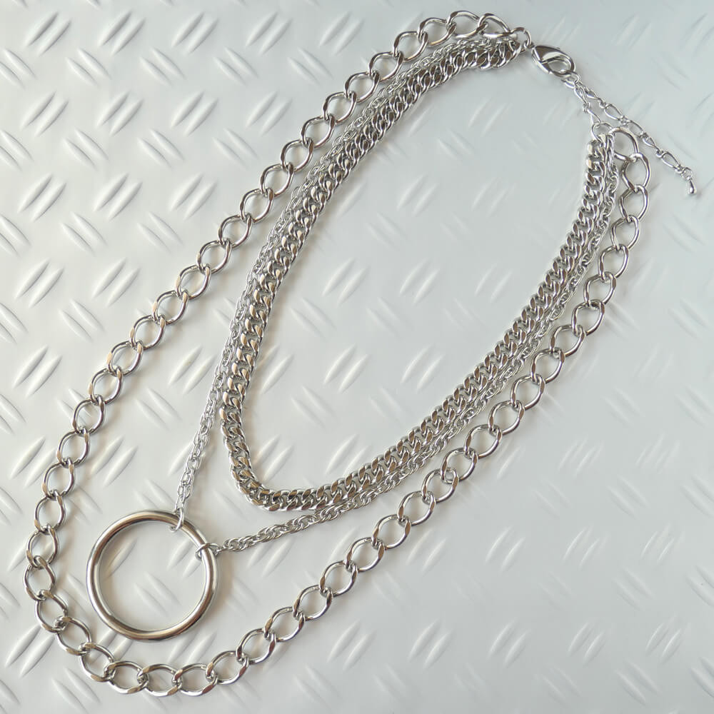 パンク ロック シルバーカラー メタル リング 3連 ハードチェーン ネックレス