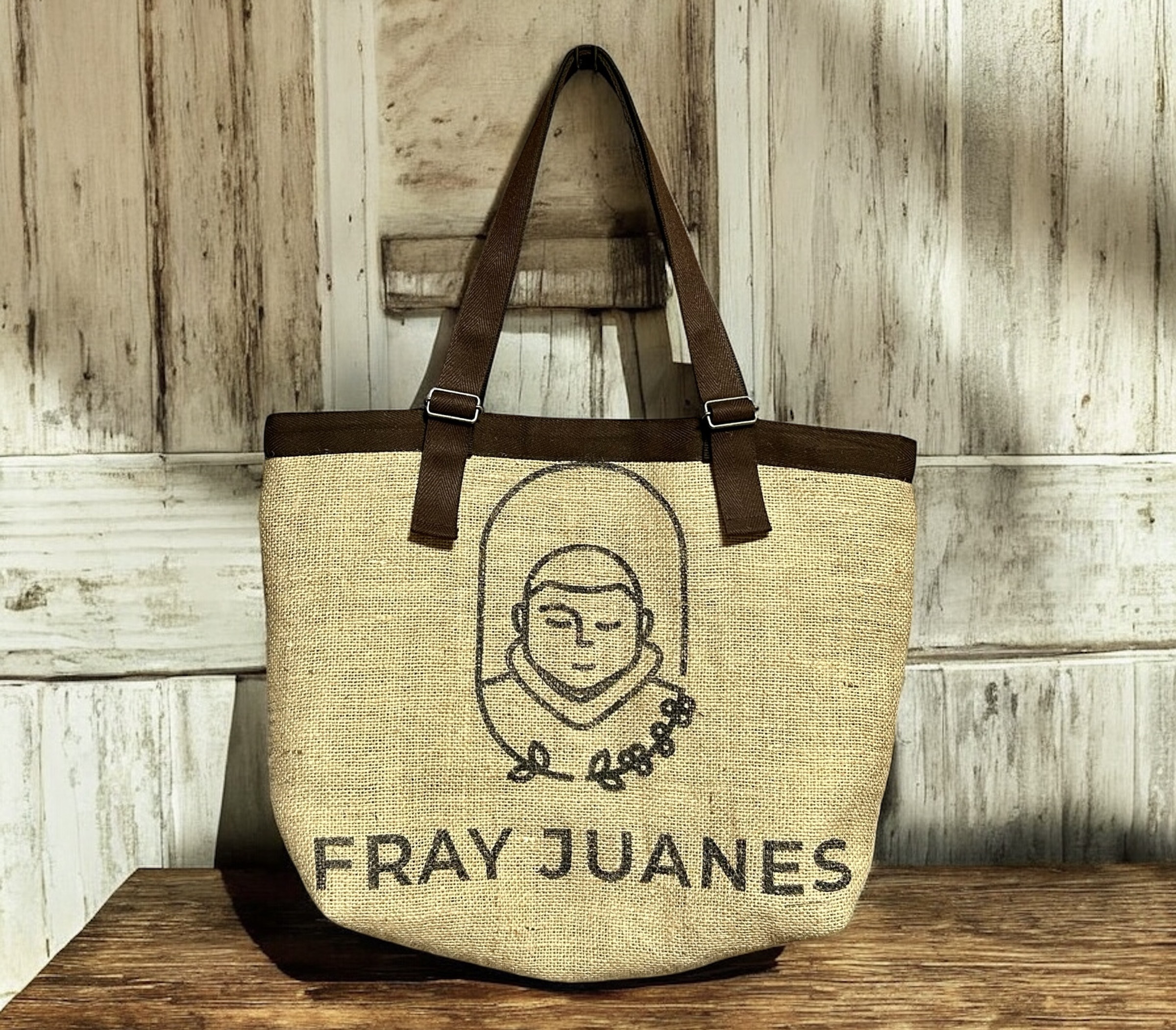 お坊さんデザインの麻袋を使用した持ち手の長さが変えられるトートバッグ☆グァテマラコーヒーの麻袋