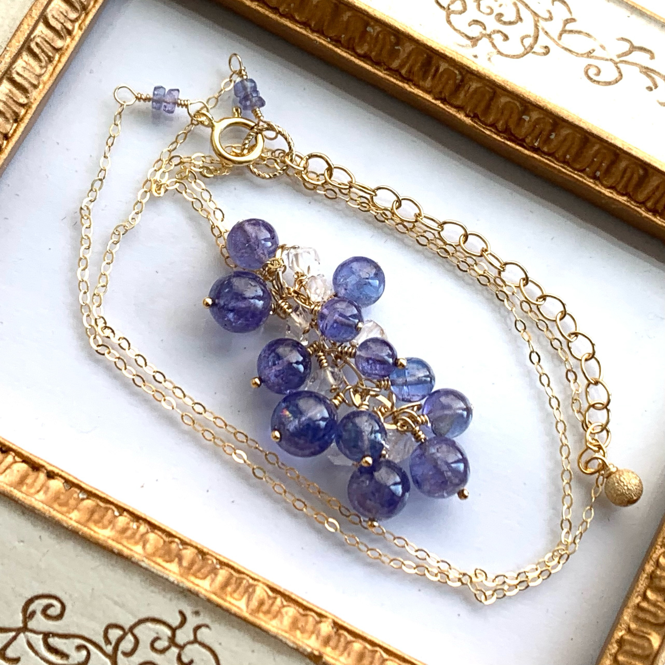 宝石質タンザナイト12粒とハーキマーダイヤモンド8粒の14kgfネックレス-A☆チェーンの種類と長さ変更可