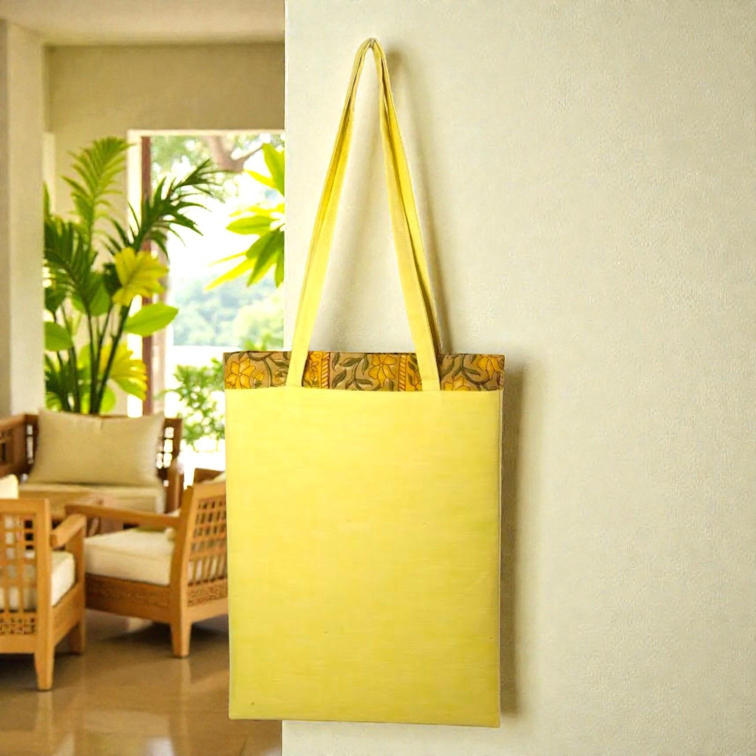 23｜MG FUSION｜裏地も魅せる和ジアン袋｜A4｜久留米織【レモンイエロー】×インド綿【黄花ストライプ】