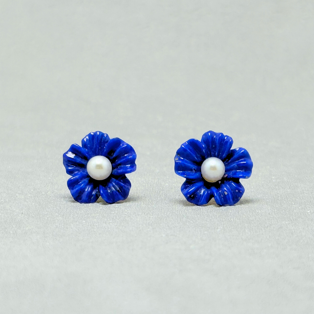ラス1 K18 12mm 本真珠使用 ラピスラズリ/瑠璃 パール/本真珠 天然石ピアス - Hibis