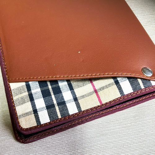 手帳 ノートカバー】Cover pocke付き□合皮ブラウン/チェックベージュ