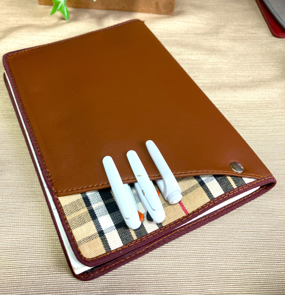 手帳 ノートカバー】Cover pocke付き□合皮ブラウン/チェックベージュ