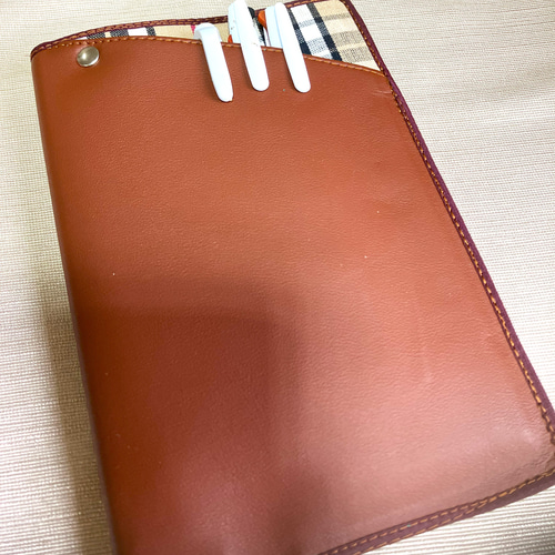 手帳 ノートカバー】Cover pocke付き□合皮ブラウン/チェックベージュ