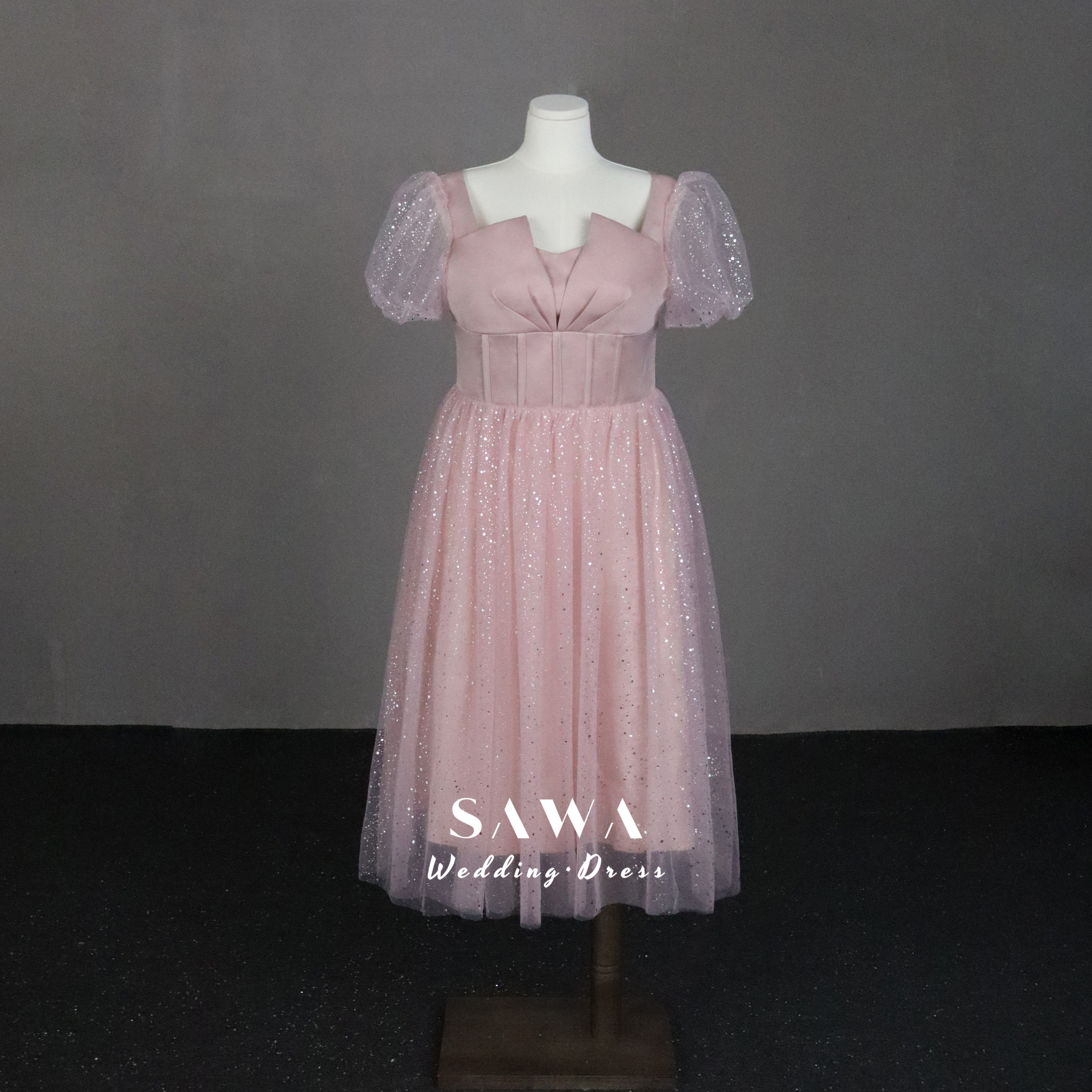 激安　ふんわりチュール　パフスリーブ　サイズオーダー可能　ミモレ丈　可愛いピンク　パーティードレス　デート合コン卒業式