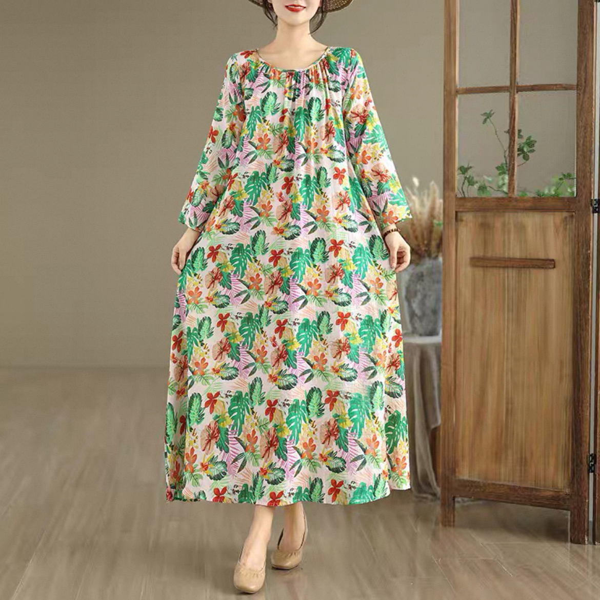 花柄 長袖ワンピース 綿麻ワンピース レディースワンピース 秋ワンピース 大人カジュアルワンピース