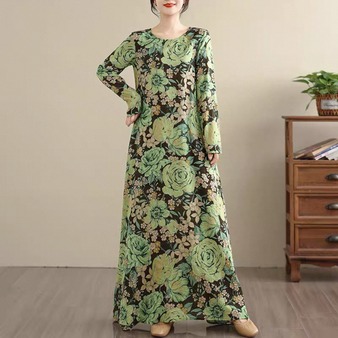 花柄 長袖ワンピース 綿麻ワンピース レディースワンピース 秋ワンピース ゆったりワンピース 大人カジュアル