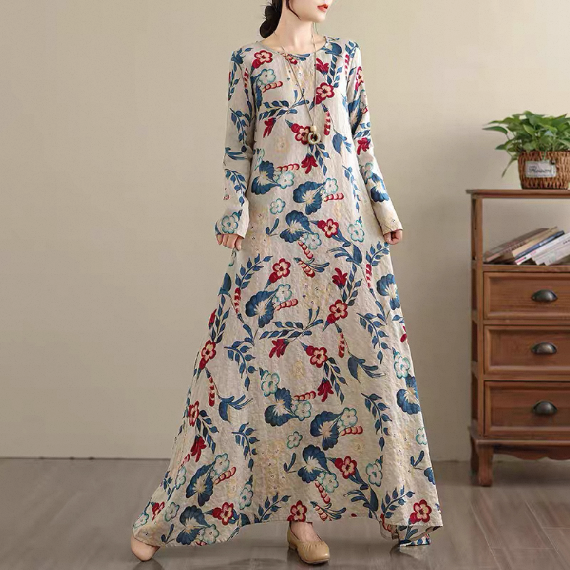 花柄 長袖ワンピース 綿麻ワンピース レディースワンピース 秋ワンピース ゆったりワンピース 大人カジュアル
