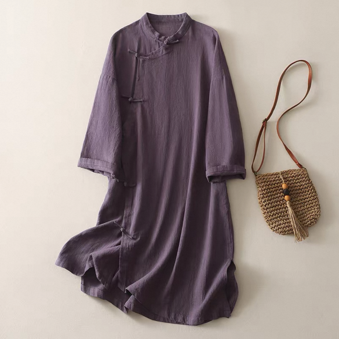無地長袖ワンピース 綿麻ワンピース レディースワンピース 秋ワンピース ゆったりワンピース 大人カジュアル