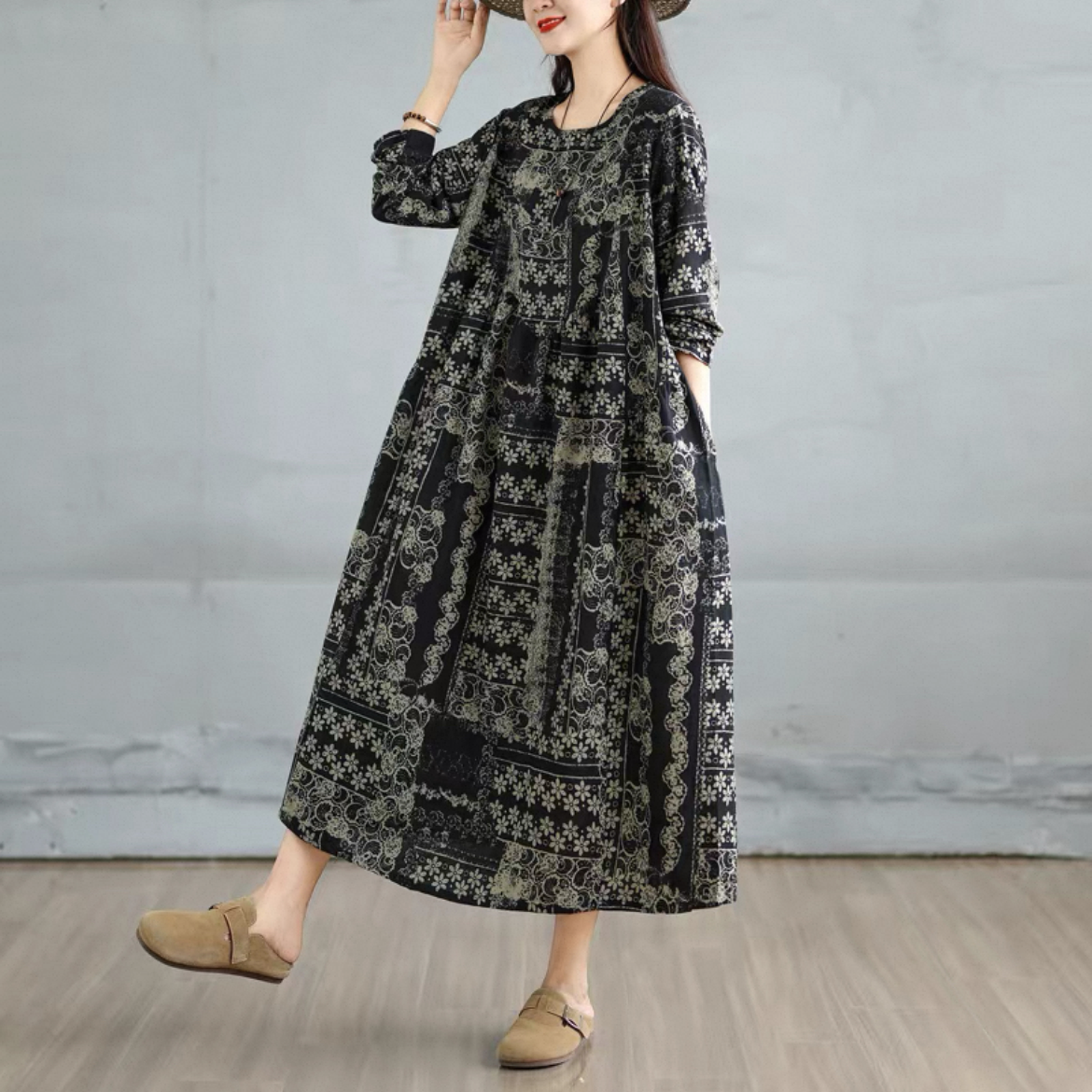 花柄 ゆったりワンピース ブラック長袖ワンピース 綿麻ワンピース レディースワンピース 秋ワンピース  大人カジュアル