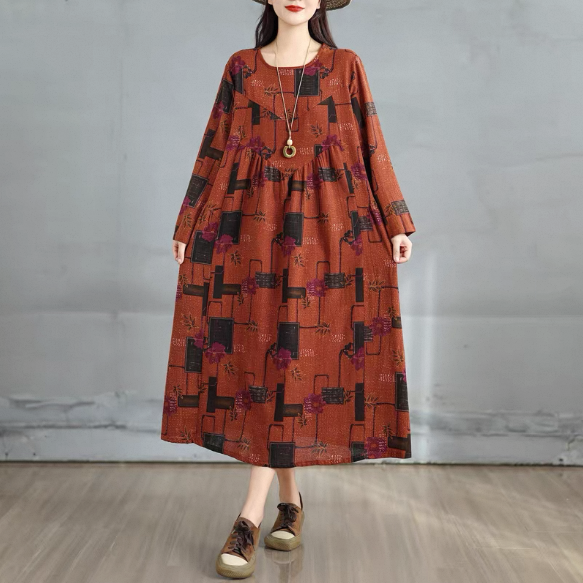 花柄 ゆったりワンピース 長袖ワンピース 綿麻ワンピース レディースワンピース 秋ワンピース  大人カジュアル