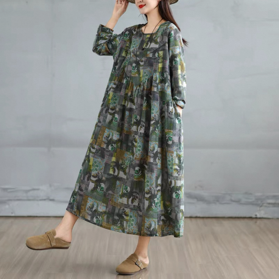 花柄 ゆったりワンピース 長袖ワンピース 綿麻ワンピース レディースワンピース 秋ワンピース  大人カジュアル