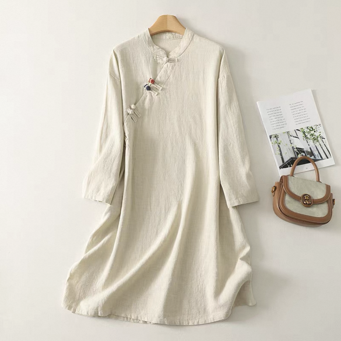 無地長袖ワンピース 綿麻ワンピース レディースワンピース 秋ワンピース ゆったりワンピース 大人カジュアル