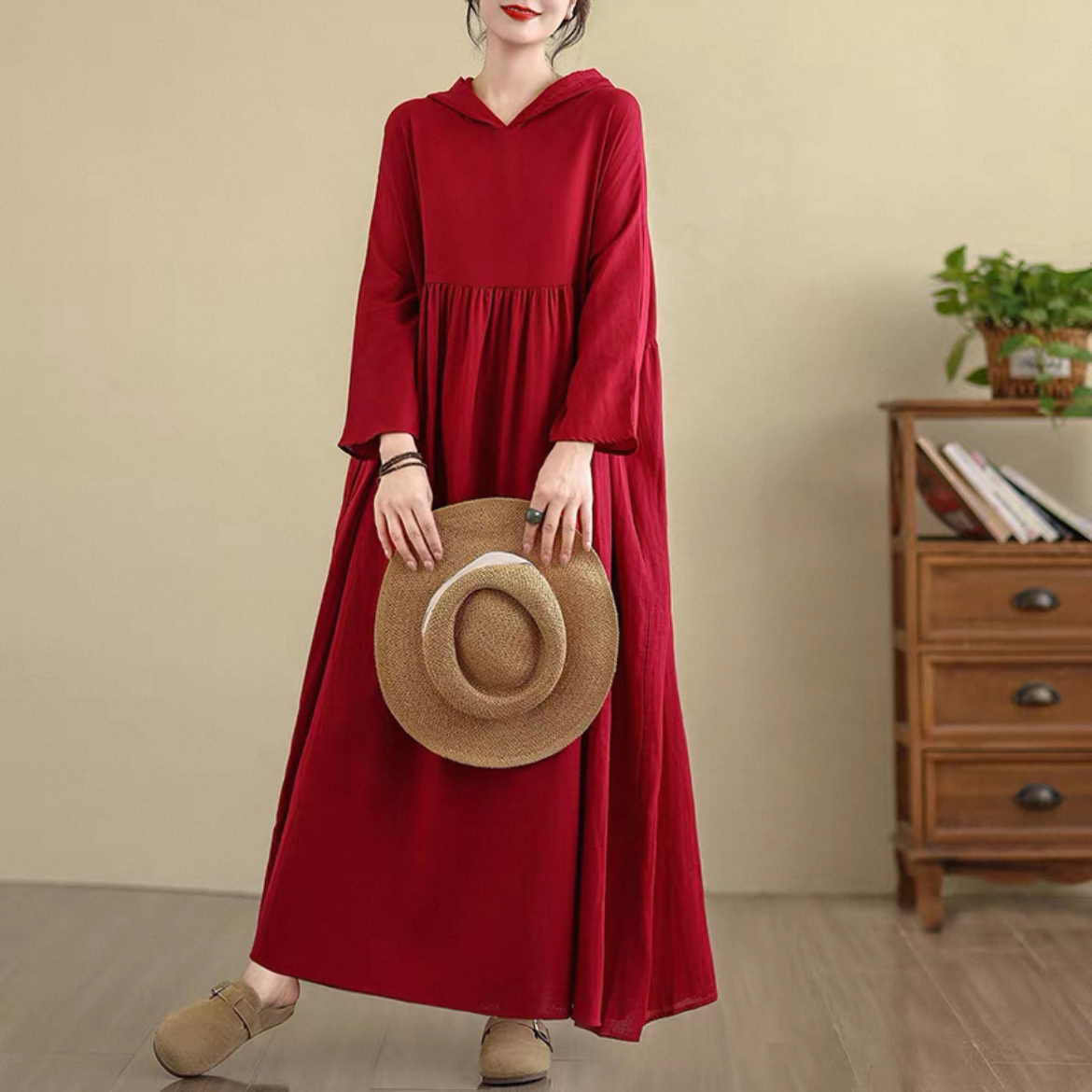 無地 ゆったりワンピース 長袖ワンピース 綿麻ワンピース レディースワンピース 秋ワンピース 大人カジュアル