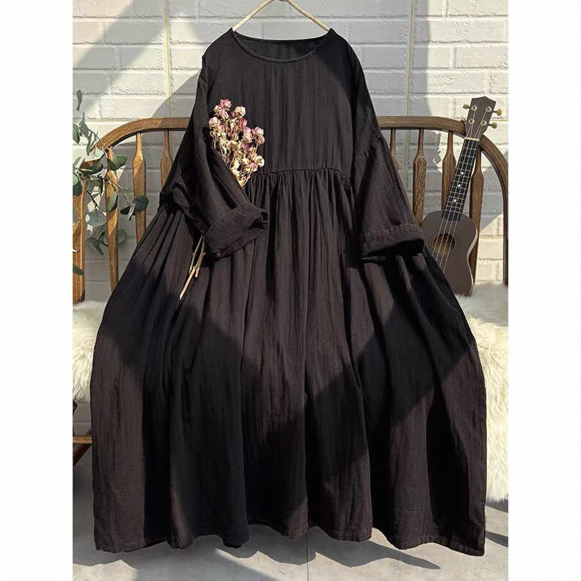 無地長袖ワンピース ブラック 綿麻ワンピース レディースワンピース 秋ワンピース ゆったりワンピース 大人カジュアル