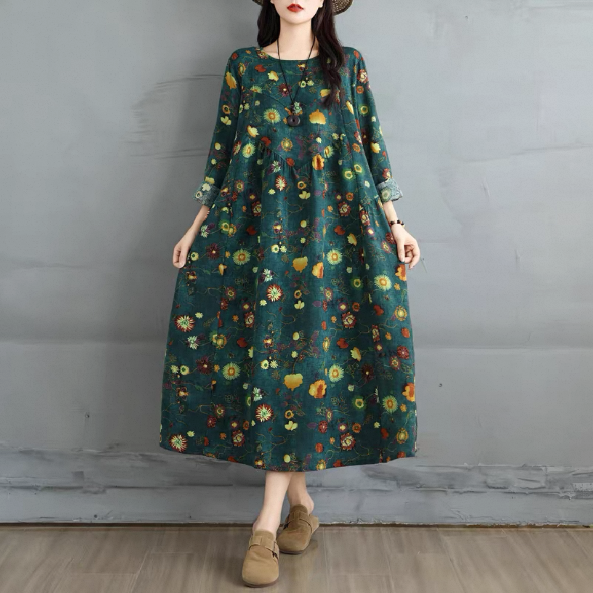花柄 ゆったりワンピース 長袖ワンピース 綿麻ワンピース レディースワンピース 秋ワンピース  大人カジュアル