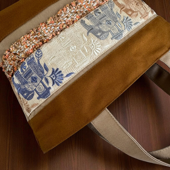 インドゾウ/インド刺繍×キラキラツイード×帆布/トートバッグ 9枚目の画像