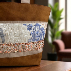 インドゾウ/インド刺繍×キラキラツイード×帆布/トートバッグ 3枚目の画像