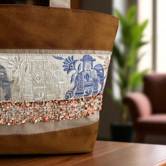 インドゾウ/インド刺繍×キラキラツイード×帆布/トートバッグ 3枚目の画像